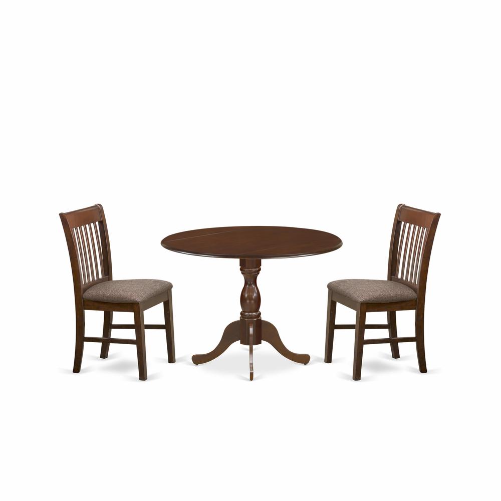 East West Furniture DMNF3-MAH-C 3 Piece Kitchen Table Set - Mahogany Dinning Table and 2 Mahogany Linen Fabric Kitchen Chairs with Slatted Back - Mahogany Finish. Picture 1