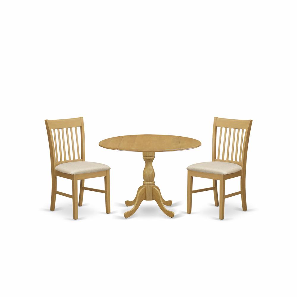 East West Furniture DMNF3-OAK-C 3 Piece Dining Room Table Set - Oak Wood Dining Table and 2 Oak Linen Fabric Kitchen Chairs with Slatted Back - Oak Finish. Picture 1