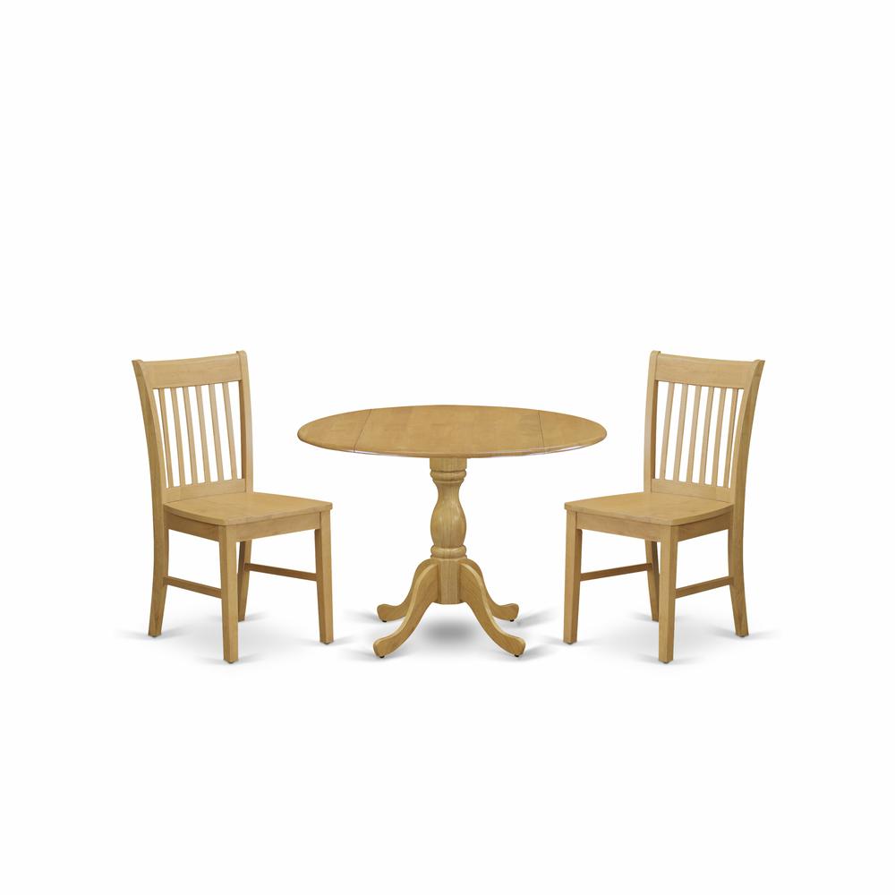 East West Furniture DMNF3-OAK-W 3 Piece Kitchen Dining Table Set - Oak Wood Dining Room Table and 2 Oak Modern Kitchen Chairs with Slatted Back - Oak Finish. Picture 1