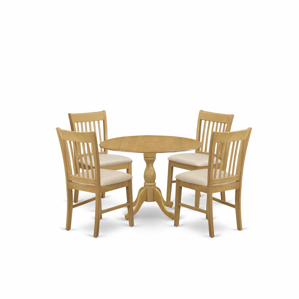 East West Furniture DMNF5-OAK-C 5 Piece Dining Room Table Set - Oak Modern Dining Table and 4 Oak Linen Fabric Dining Room Chairs with Slatted Back - Oak Finish. Picture 1