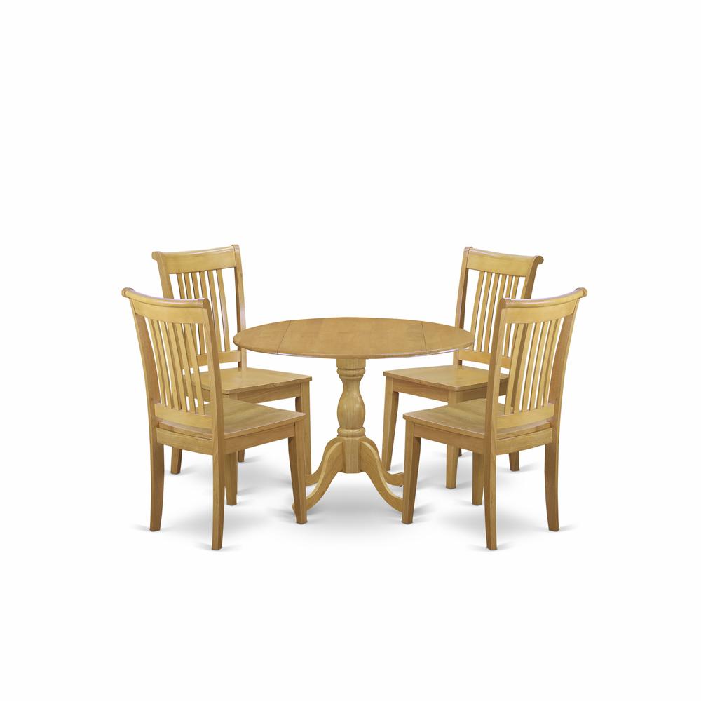 East West Furniture DMPO5-OAK-W 5 Piece Wooden Dining Table Set - Oak Modern Dining Table and 4 Oak Wood Dining Chairs with Slatted Back - Oak Finish. Picture 1