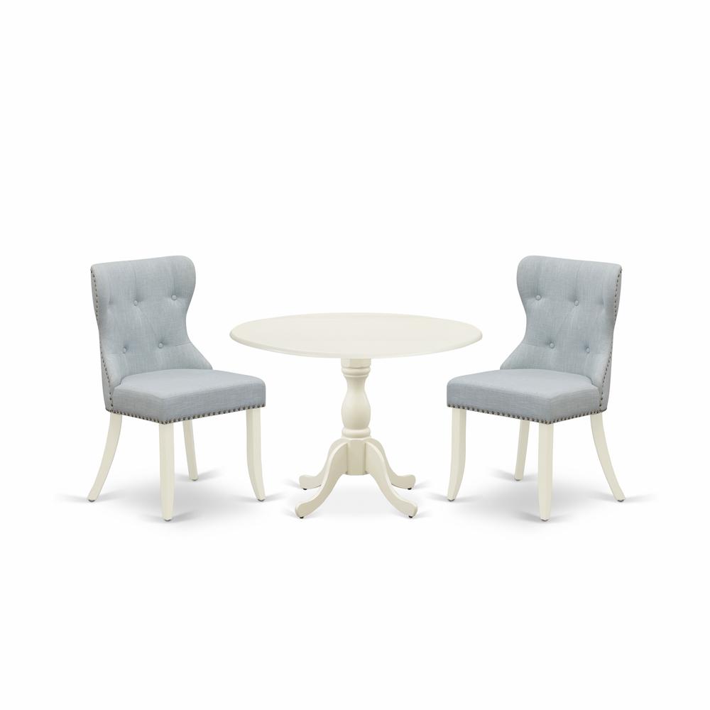 East West Furniture DMSI3-LWH-15 3 Piece Kitchen Table Set Consists of 1 Drop Leaves Dining Table and 2 Baby Blue Linen Fabric Parson Chairs Button Tufted Back with Nail Heads - Linen White Finish. Picture 1