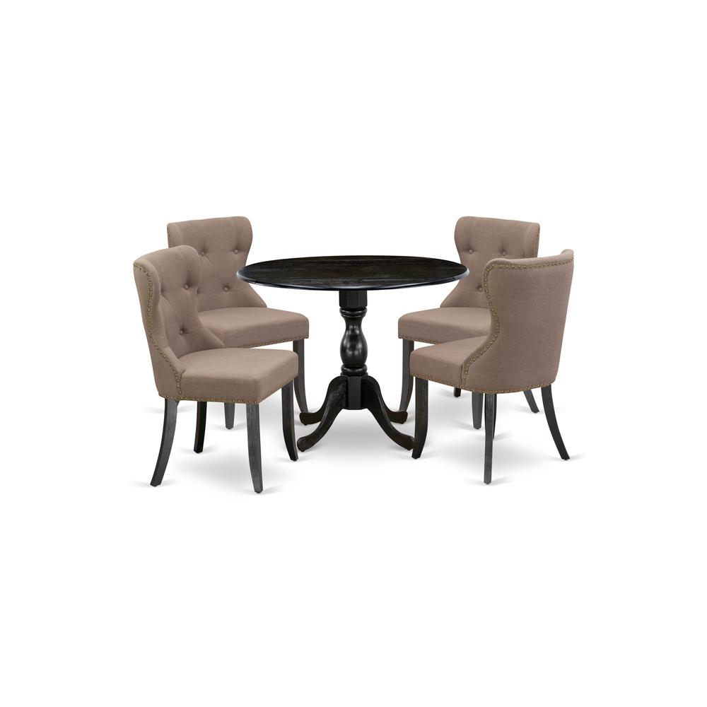 East West Furniture DMSI5-ABK-48 5 Piece Kitchen Table Set Contains 1 Drop Leaves Dining Table and 4 Coffee Linen Fabric Dining Chairs Button Tufted Back with Nail Heads - Wire Brushed Black Finish. Picture 1
