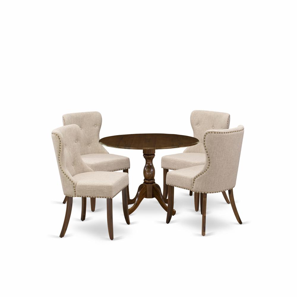East West Furniture 5 Piece Dining Table Set Consists of 1 Drop Leaves Dining Table and 4 Light Tan Linen Fabric Kitchen Chairs Button Tufted Back with Nail Heads - Acacia Walnut Finish. Picture 1