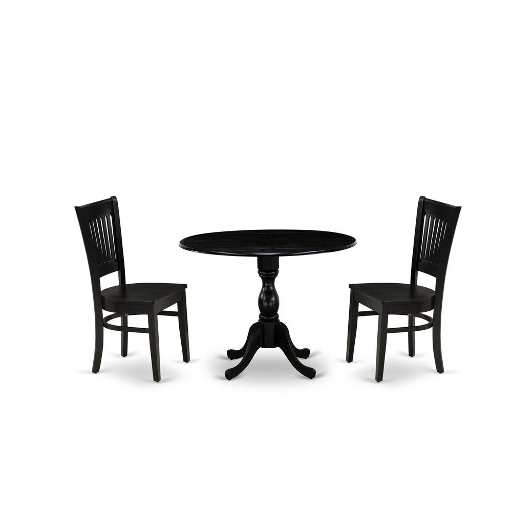 East West Furniture - DMVA3-BLK-W - 3-Pc Kitchen Dining Set- 2 Modern Chair with Wooden Seat and Slatted Chair Back - Drop Leaves Dining Table - Black Finish. Picture 1