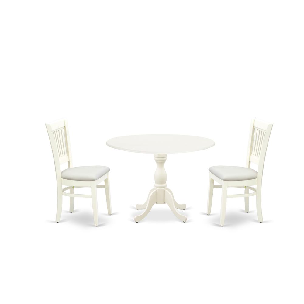 East West Furniture - DMVA3-LWH-C - 3-Piece Modern Dining Table Set- 2 Mid Century Dining Chairs with Linen Fabric Seat and Slatted Chair Back - Drop Leave Dining Table - Linen White Finish. Picture 1