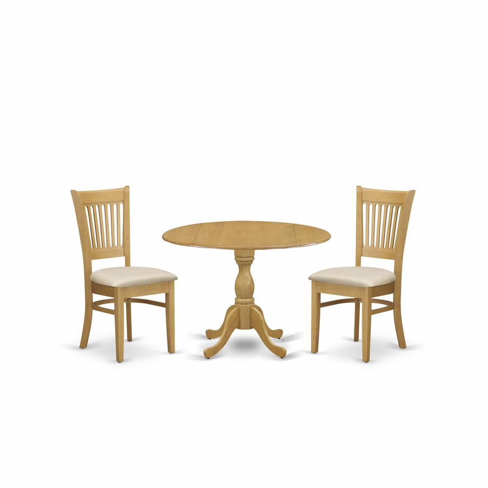 East West Furniture DMVA3-OAK-C 3 Piece Kitchen Dining Table Set - Oak Breakfast Table and 2 Oak Linen Fabric Dining Chairs with Slatted Back - Oak Finish. Picture 1