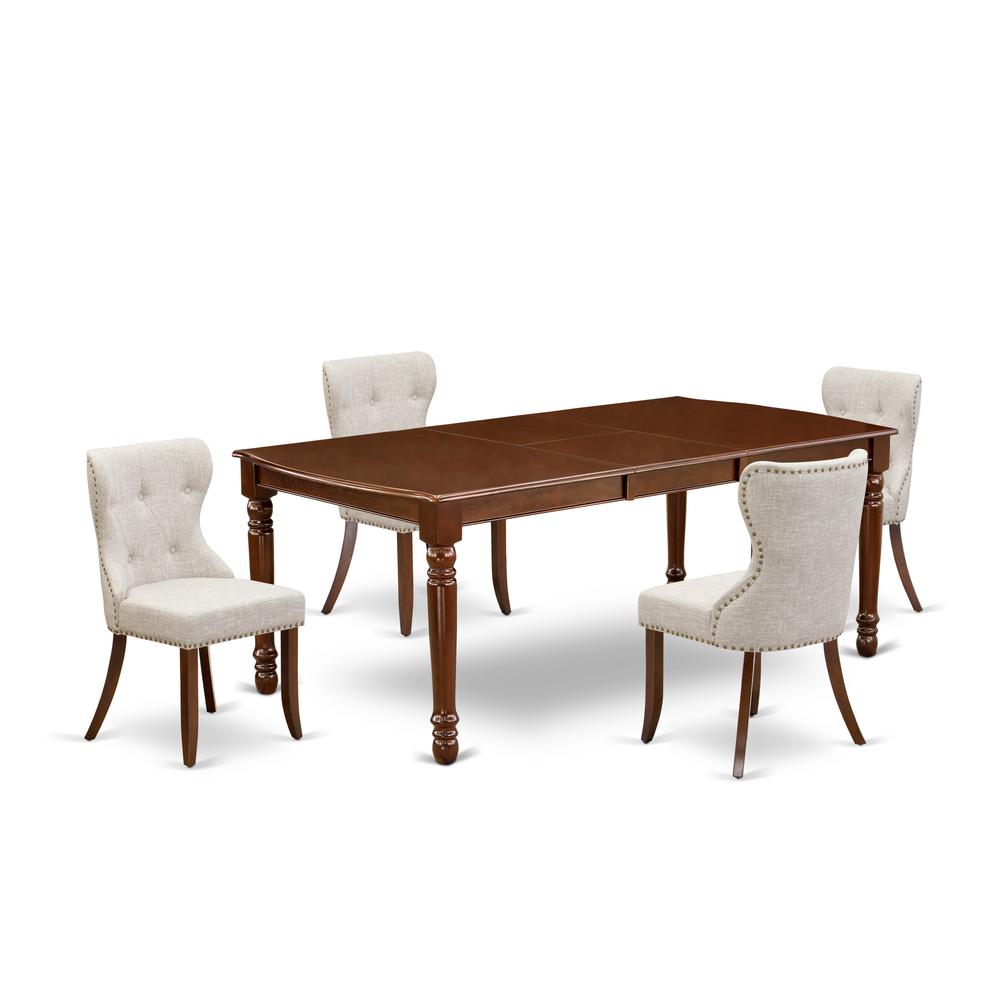 East-West Furniture DOSI5-MAH-35 - A kitchen dining table set of 4 amazing kitchen chairs with Linen Fabric Doeskin color and a wonderful 18 butterfly rectangle wooden table in Mahogany Finish". Picture 1