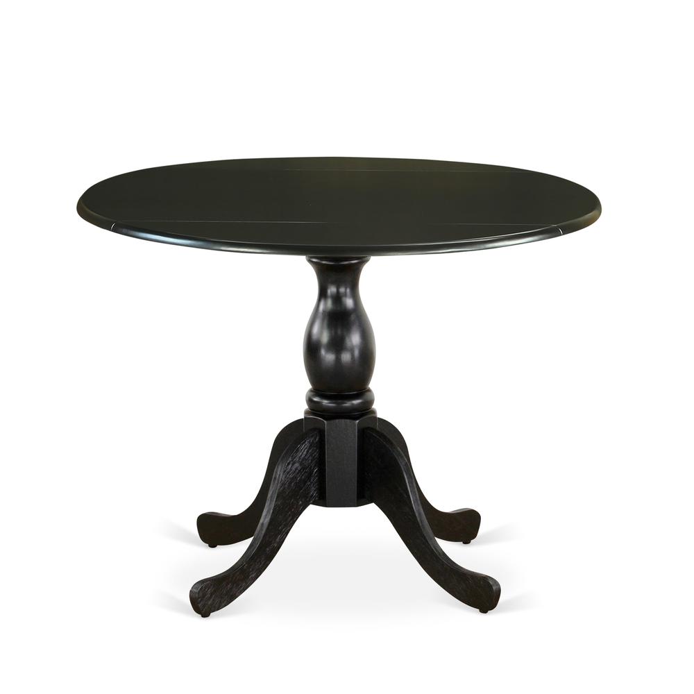 East West Furniture Round Dining Table with Drop Leaves - Black Table Top and Black Pedestal Leg Finish. Picture 1