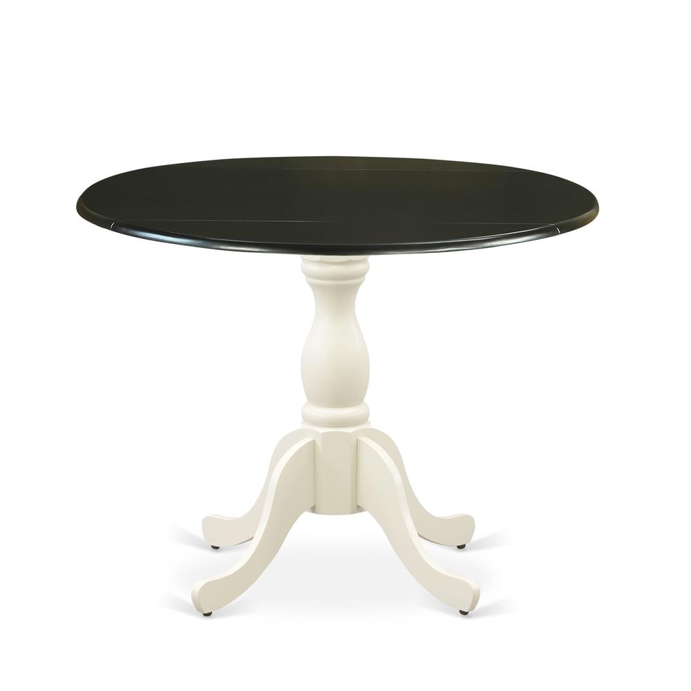 East West Furniture Dining Room Table with Drop Leaves - Black Table Top and Linen White Pedestal Leg Finish. Picture 1