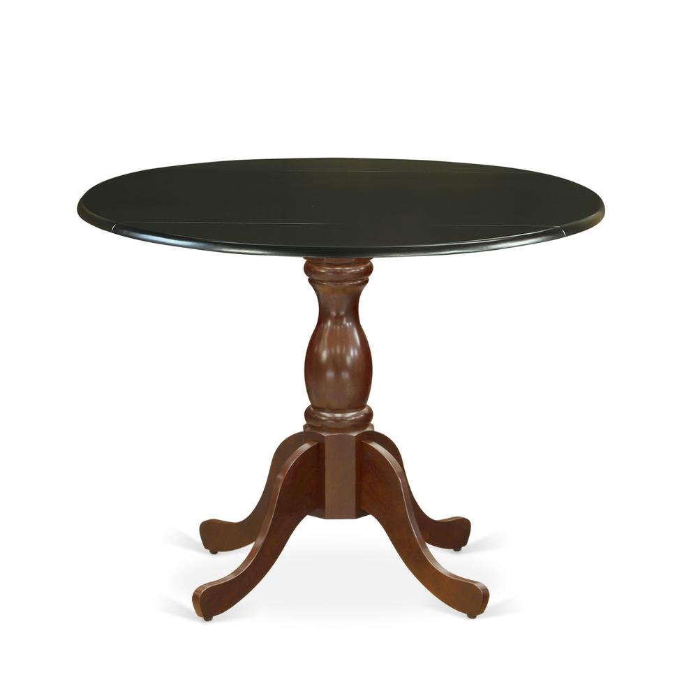 East West Furniture Kitchen Table with Drop Leaves - Black Table Top and Mahogany Pedestal Leg Finish. Picture 1