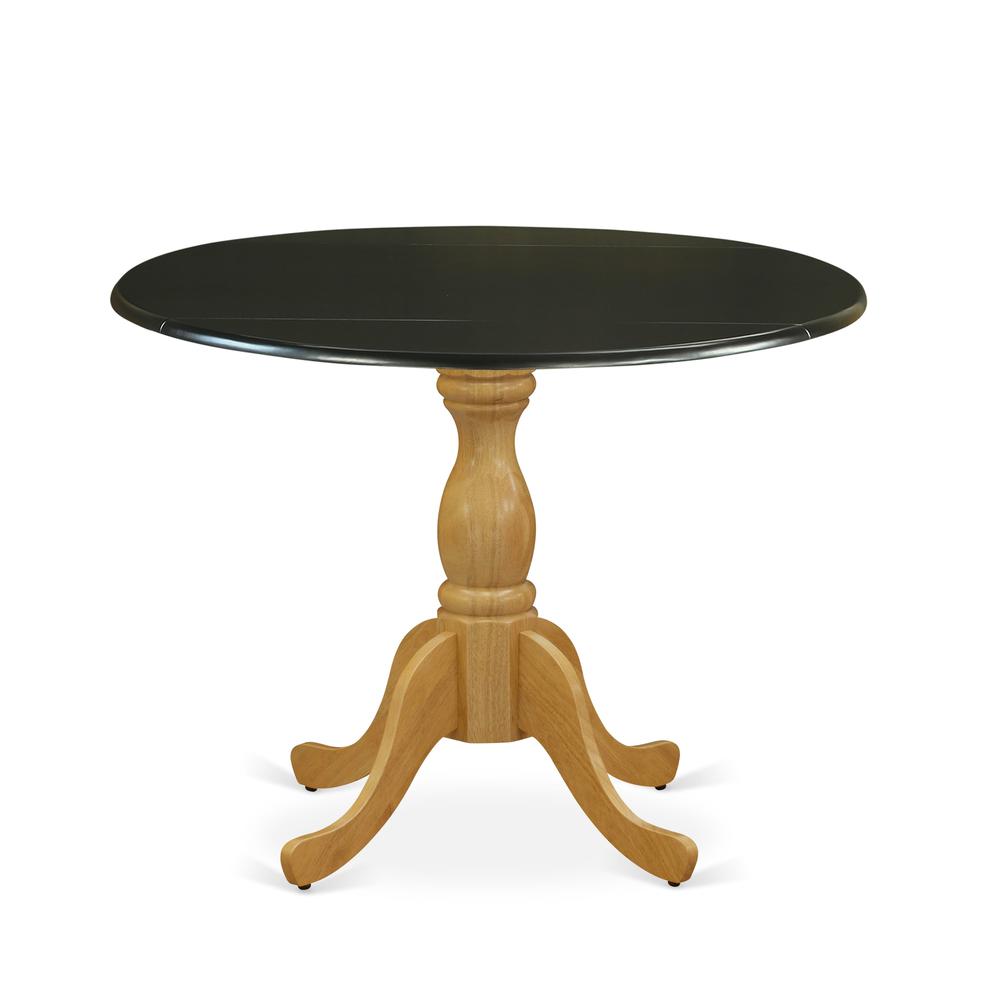 East West Furniture Dinning Table with Drop Leaves - Black Table Top and Oak Pedestal Leg Finish. Picture 1