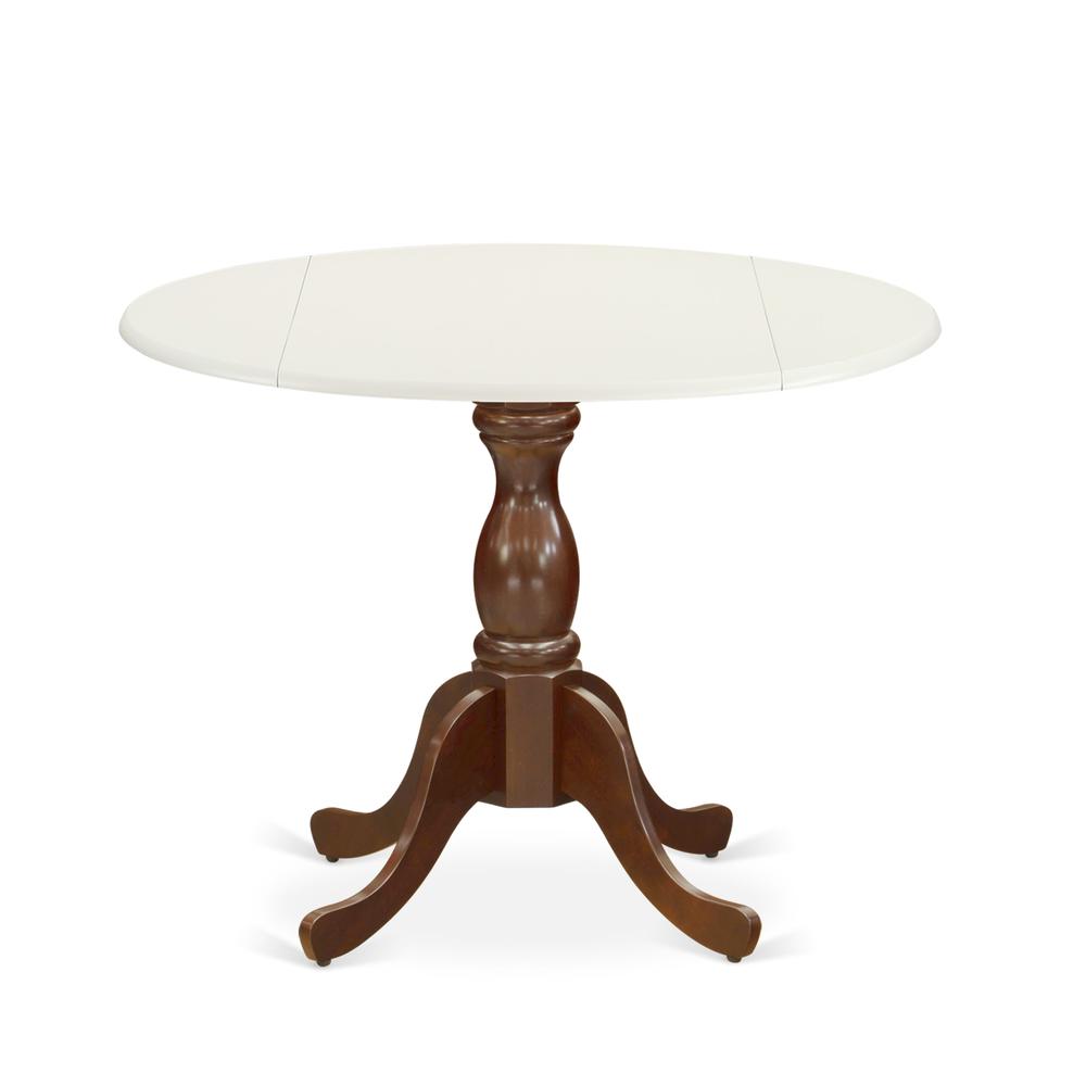 East West Furniture Modern Dining Table with Drop Leaves - Linen White Table Top and Mahogany Pedestal Leg Finish. Picture 1