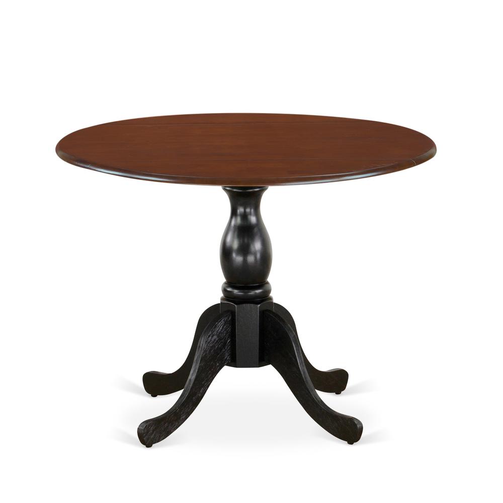 East West Furniture Mid Century Modern Dining Table with Drop Leaves - Mahogany Table Top and Black Pedestal Leg Finish. Picture 1