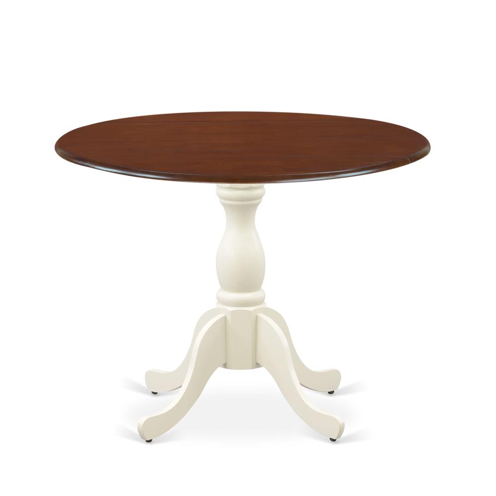 East West Furniture Mid Century Dining Table with Drop Leaves - Mahogany Table Top and Linen White Pedestal Leg Finish. Picture 1
