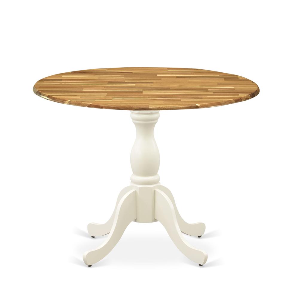 East West Furniture Dining Room Table with Drop Leaves - Natural Table Top and Linen White Pedestal Leg Finish. Picture 1