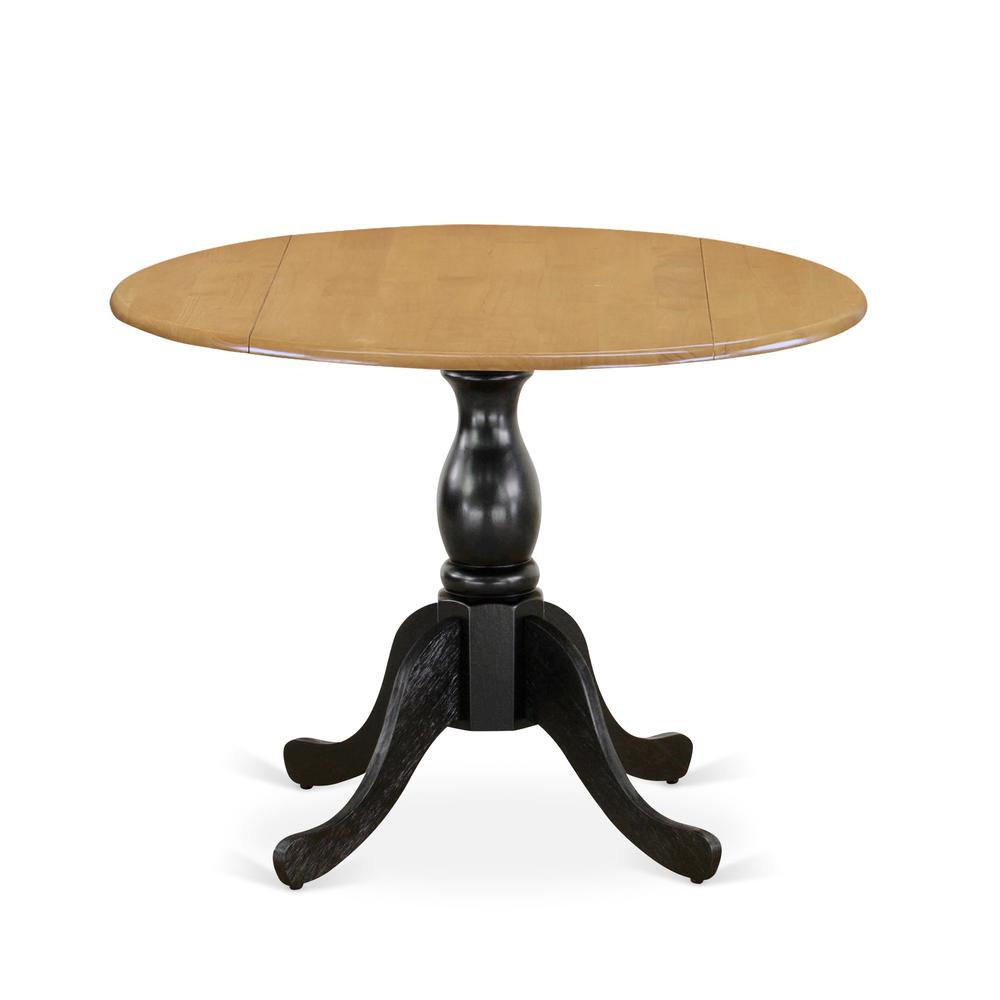 East West Furniture Dining Room Table with Drop Leaves - Oak Table Top and Black Pedestal Leg Finish. Picture 1