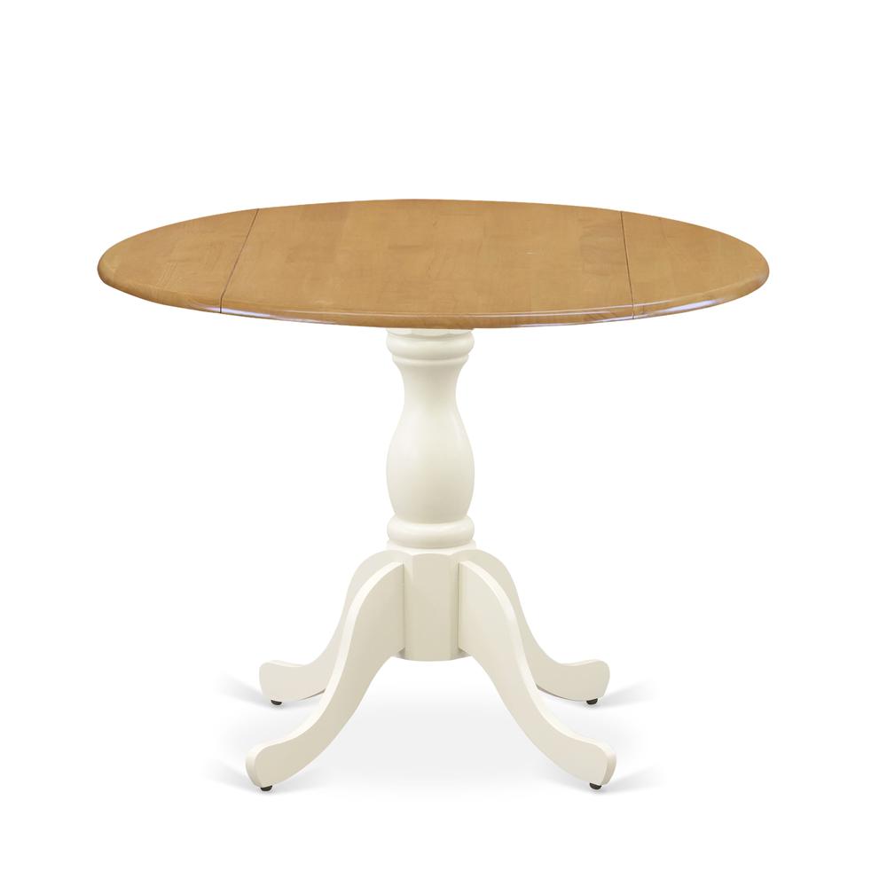 East West Furniture Wooden Dining Table with Drop Leaves - Oak Table Top and Linen White Pedestal Leg Finish. Picture 1