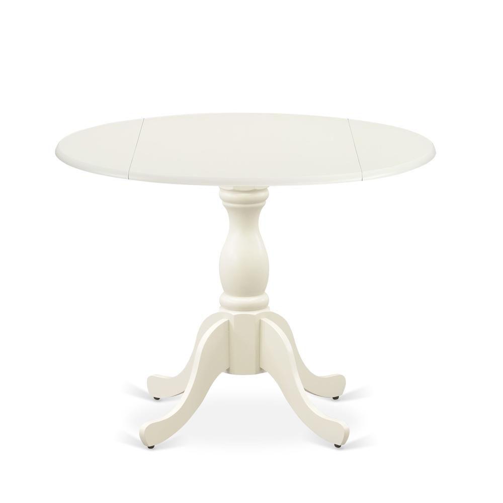 East West Furniture Modern Kitchen Table with Drop Leaves - Linen White Table Top and Linen White Pedestal Leg Finish. Picture 1