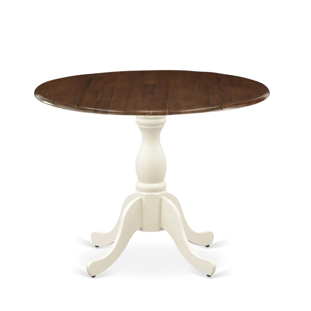 East West Furniture Kitchen Table with Drop Leaf - Walnut Table Top and Linen White Pedestal Leg Finish. Picture 1