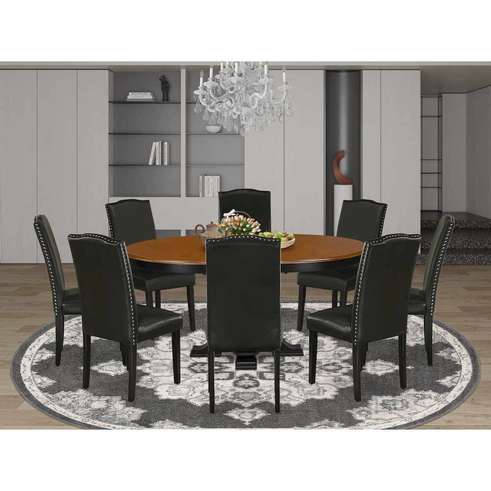 9-Piece Mid Century Dining Set, Black & Cherry. Picture 2