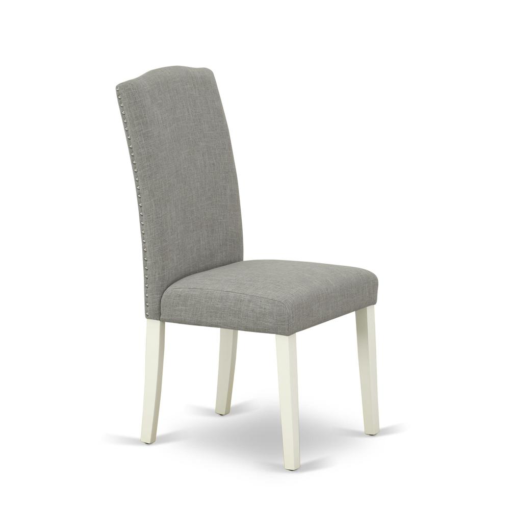 1MZEN5-LWH-06 5Pc Modern Dining Table Set Contains a Wood Dining Table and 4 Parsons Chairs with Shitake Color Linen Fabric, Drop Leaf Table with Full Back Chairs, Linen White Finish. Picture 7