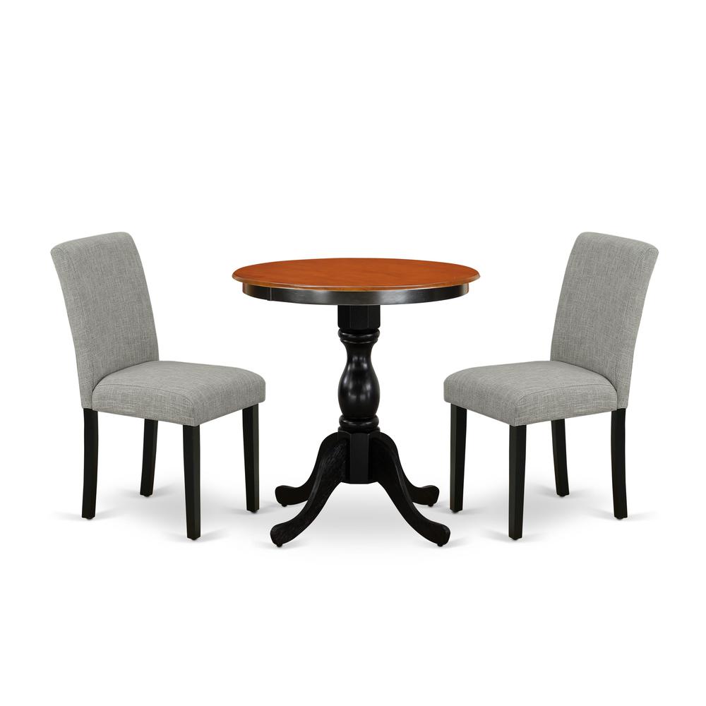 East West Furniture 3-Piece Dinette Set Include a Wooden Table and 2 Shitake Linen Fabric Padded Chairs with High Back - Black Finish. Picture 1
