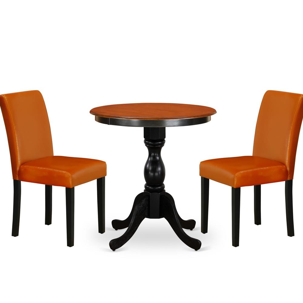 East West Furniture 3-Piece Dining Table Set Consist of Wood Table and 2 Baked Bean PU Leather Dining Chairs with High Back - Black Finish. Picture 1
