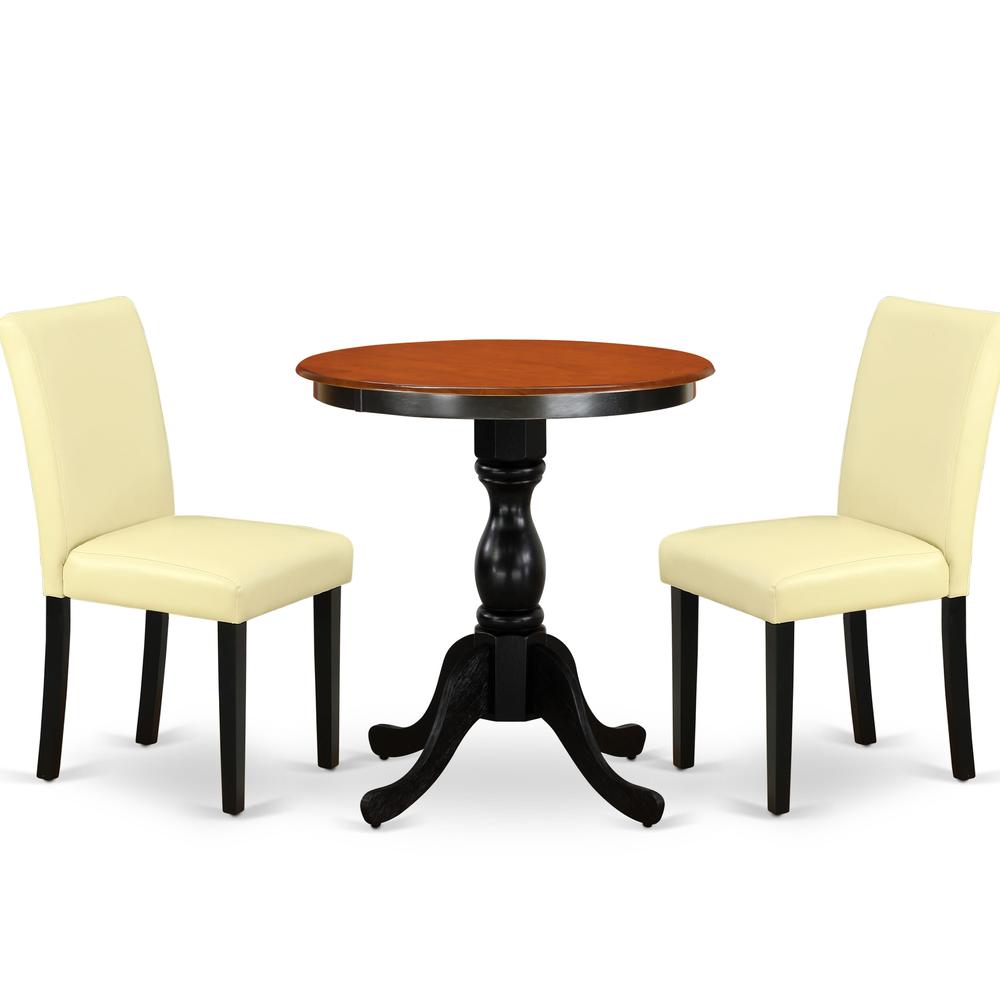 East West Furniture 3-Piece Dinner Table Set Consist of Wood Table and 2 Eggnog PU Leather Parson Chairs with High Back - Black Finish. Picture 1