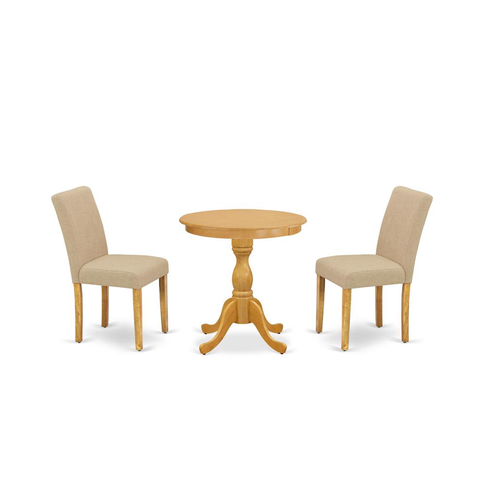 East West Furniture - ESAB3-OAK-04 - 3-Pc Kitchen Dining Set - 2 Padded Parson Chairs and 1 Dining Table (Oak Finish). Picture 1