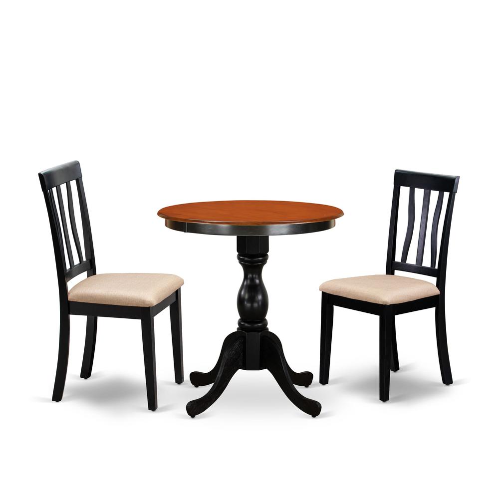 East West Furniture 3-Piece Mid Century Dining Set Include a Kitchen Table and 2 Linen Fabric Mid Century Chairs with Slatted Back - Black Finish. Picture 1
