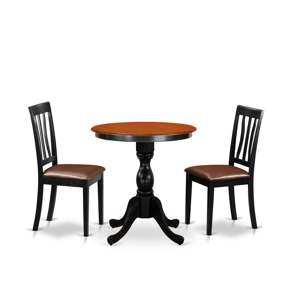 East West Furniture 3-Piece Dining Room Table Set Include a Dining Table and 2 Faux Leather Dining Chairs with Slatted Back - Black Finish. Picture 1