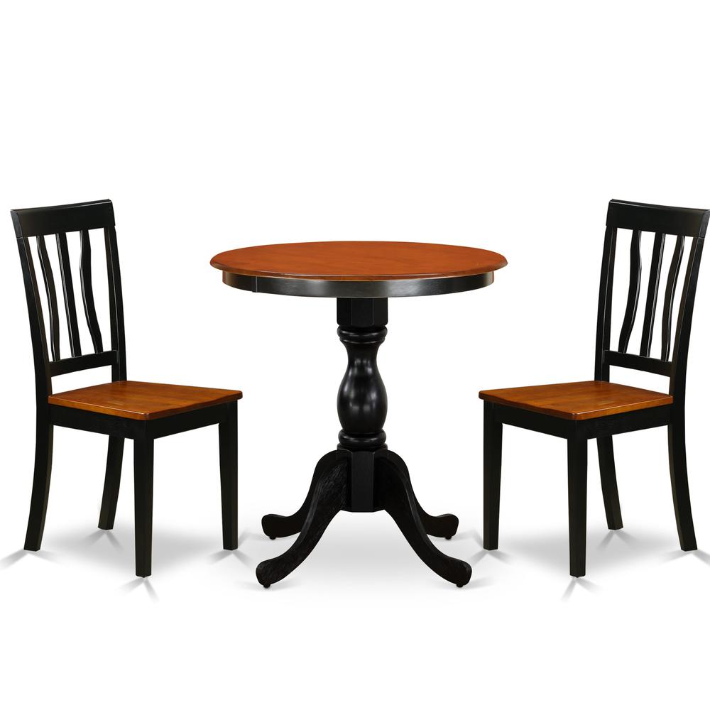 East West Furniture 3-Piece Kitchen Table Set Contains a Wooden Table and 2 Kitchen Chairs with Slatted Back - Black Finish. Picture 1