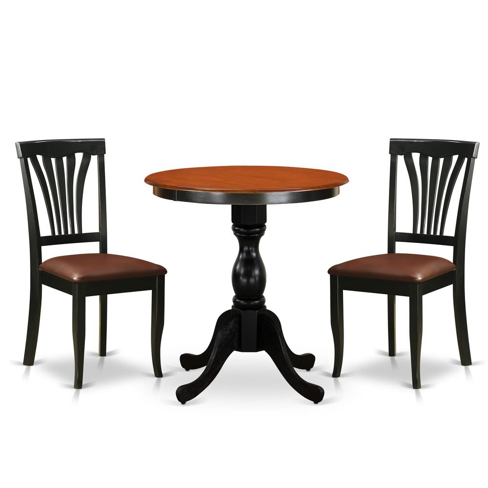 East West Furniture 3-Piece Dining Set Contains a Dinning Table and 2 Faux Leather Dining Chairs with Slatted Back- Black Finish. Picture 1