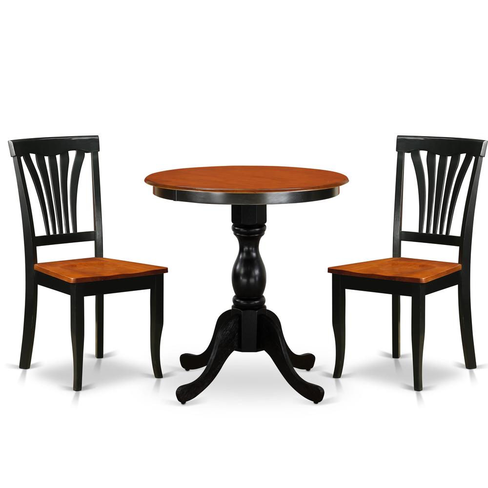 East West Furniture 3-Piece Dining Table Set Include a Modern Dining Table and 2 Dining Chairs with Slatted Back - Black Finish. Picture 1