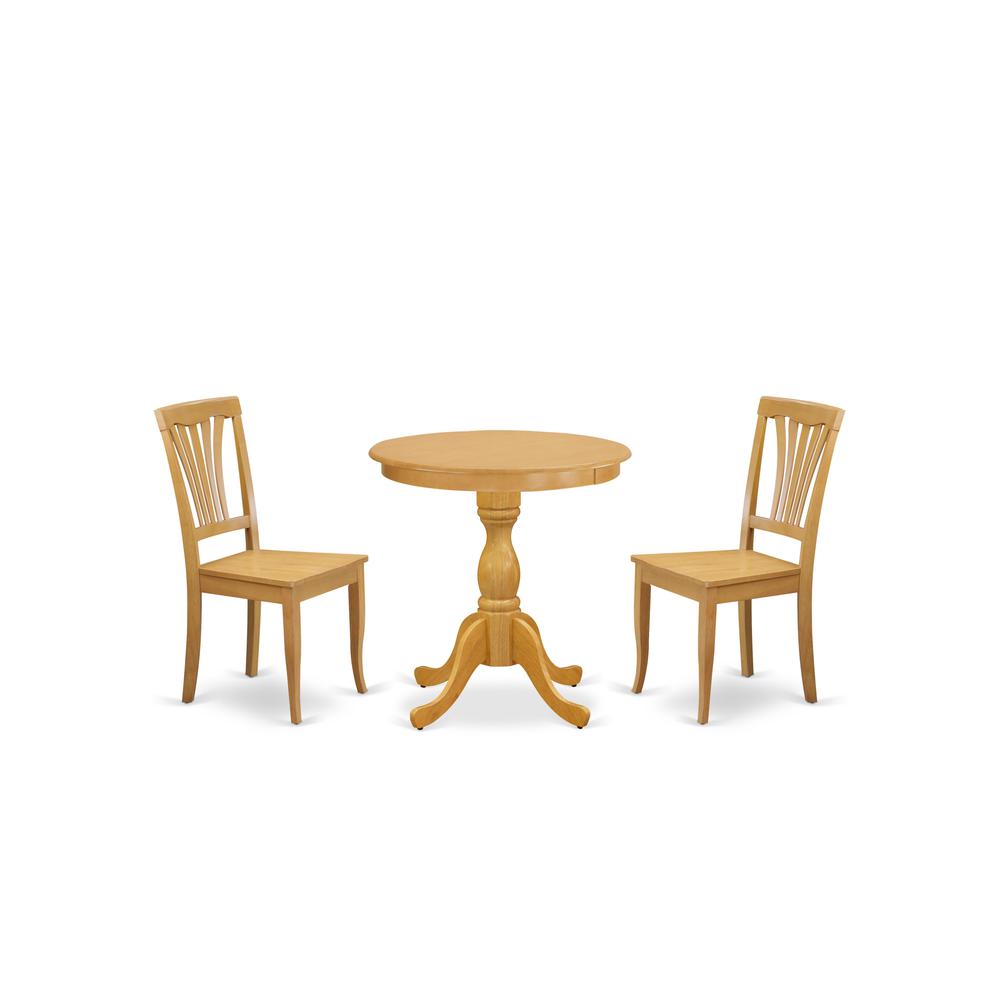 East West Furniture - ESAV3-OAK-W - 3-Pc Kitchen Table Set - 2 Modern Dining Room Chairs and 1 Dining Room Table (Oak Finish). Picture 1