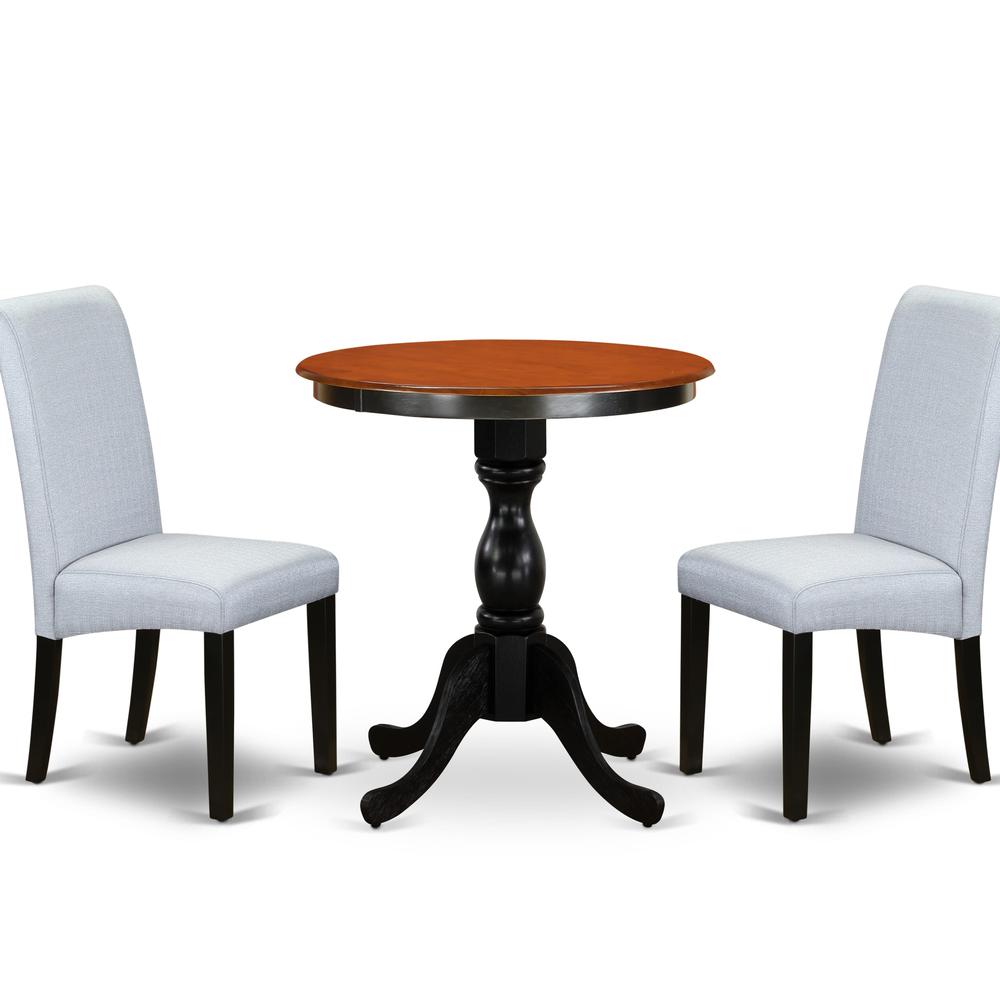East West Furniture 3-Piece Dinner Table Set Include a Dining Table and 2 Grey Linen Fabric Padded Chairs with Stylish High Back - Black Finish. Picture 1