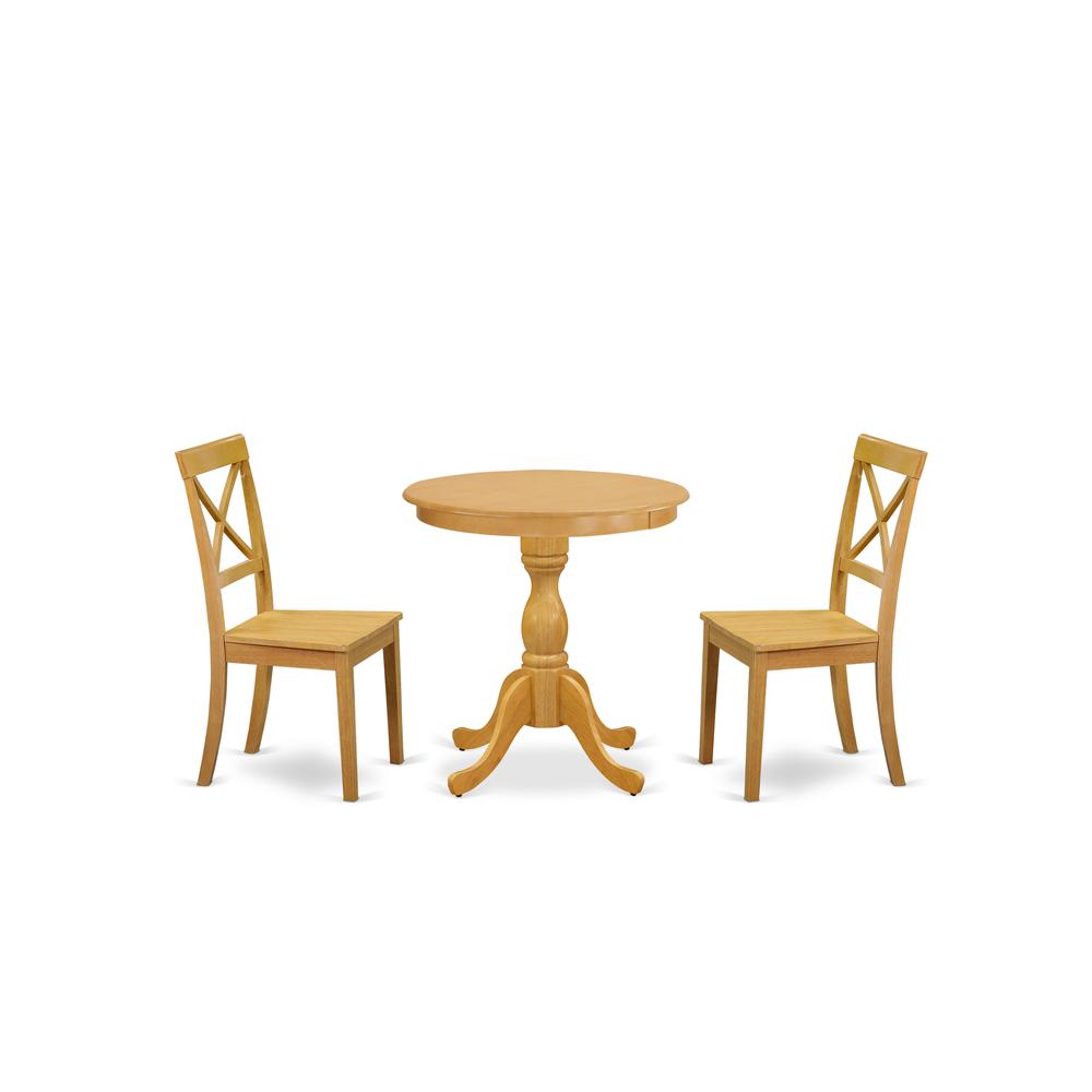East West Furniture - ESBO3-OAK-W - 3-Pc Modern Dining Room Table Set - 2 Wood Dining Chairs and 1 Dining Room Table (Oak Finish). Picture 1
