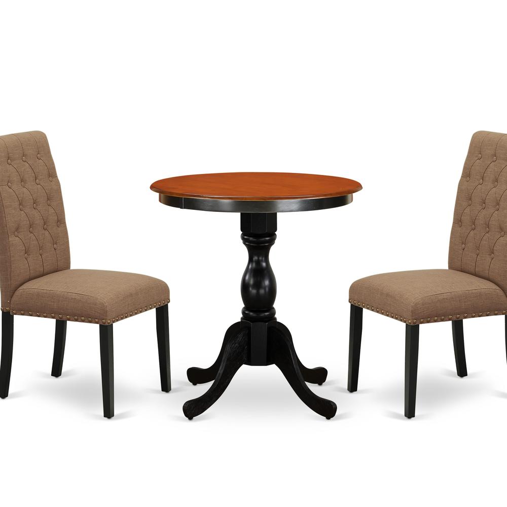 East West Furniture 3-Piece Mid Century Dining Set Include a Dining Table and 2 Light Sable Linen Fabric Padded Chairs with Button Tufted Back - Black Finish. Picture 1
