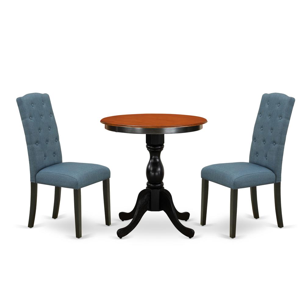 East West Furniture 3-Piece Dining Room Table Set Consist of Dining Table and 2 Blue Linen Fabric Upholstered Chairs with Button Tufted Back - Black Finish. Picture 1