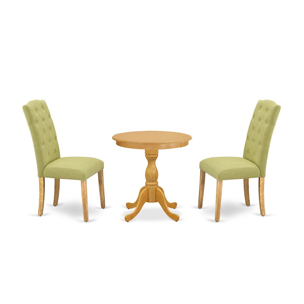 East West Furniture - ESCE3-OAK-07 - 3-Pc Modern Dining Set - 2 Parson Dining Room Chairs and 1 Dining Room Table (Oak Finish). Picture 1