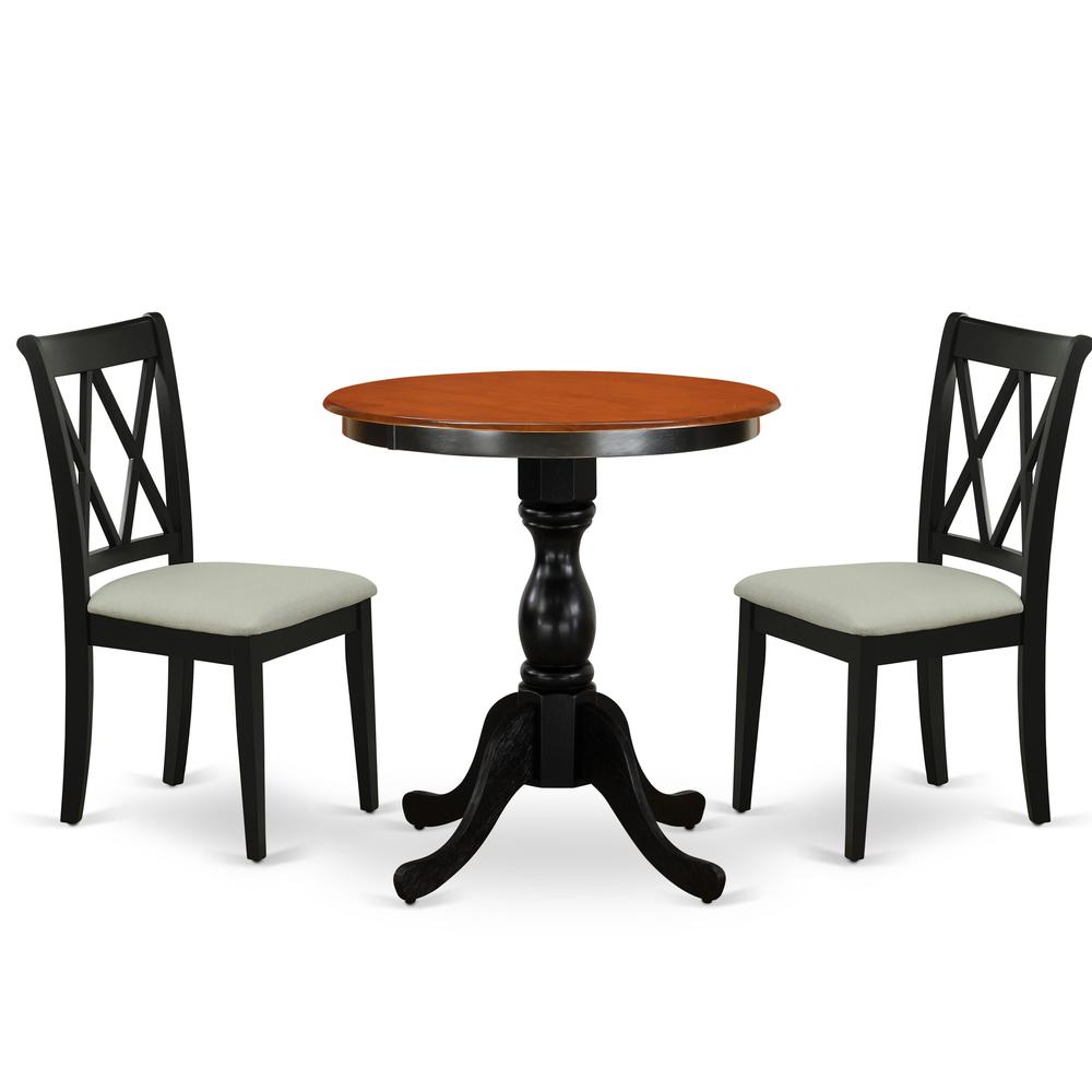 East West Furniture 3-Piece Dining Table Set Include a Dining Table and 2 Linen Fabric Dining Room Chairs with Double X Back - Black Finish. Picture 1