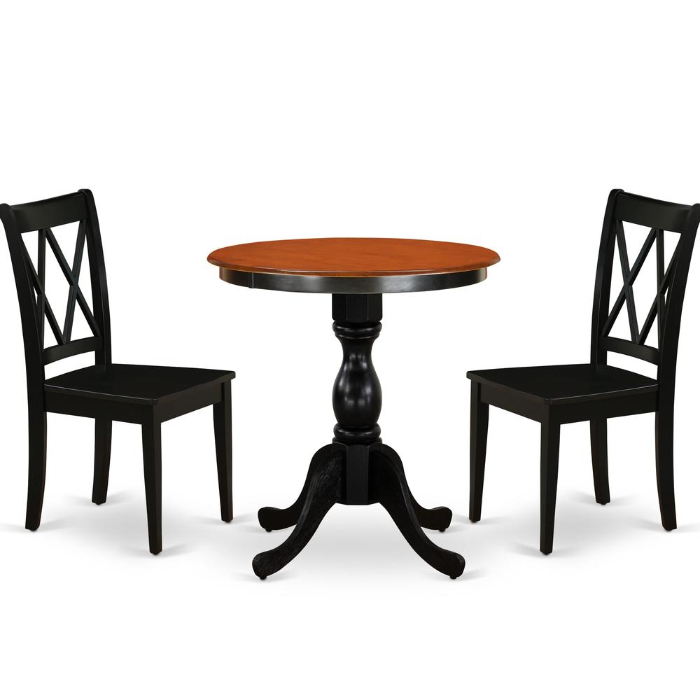 East West Furniture 3-Piece Dining Set Consist of Kitchen Table and 2 Dining Chairs with Double X Back - Black Finish. Picture 1