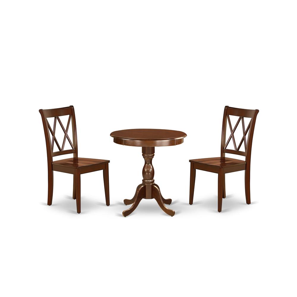 East West Furniture - ESCL3-MAH-C - 3-Pc Dining Room Table Set - 2 Mid Century Cushion Seat Chairs - 1 Dining Room Table (Mahogany Finish). Picture 1