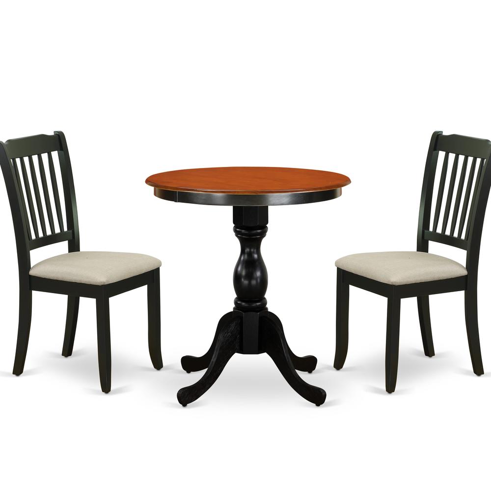 East West Furniture 3-Piece Dining Table Set Include a Wood Table and 2 Linen Fabric Kitchen Chairs with Ladder Back - Black Finish. Picture 1