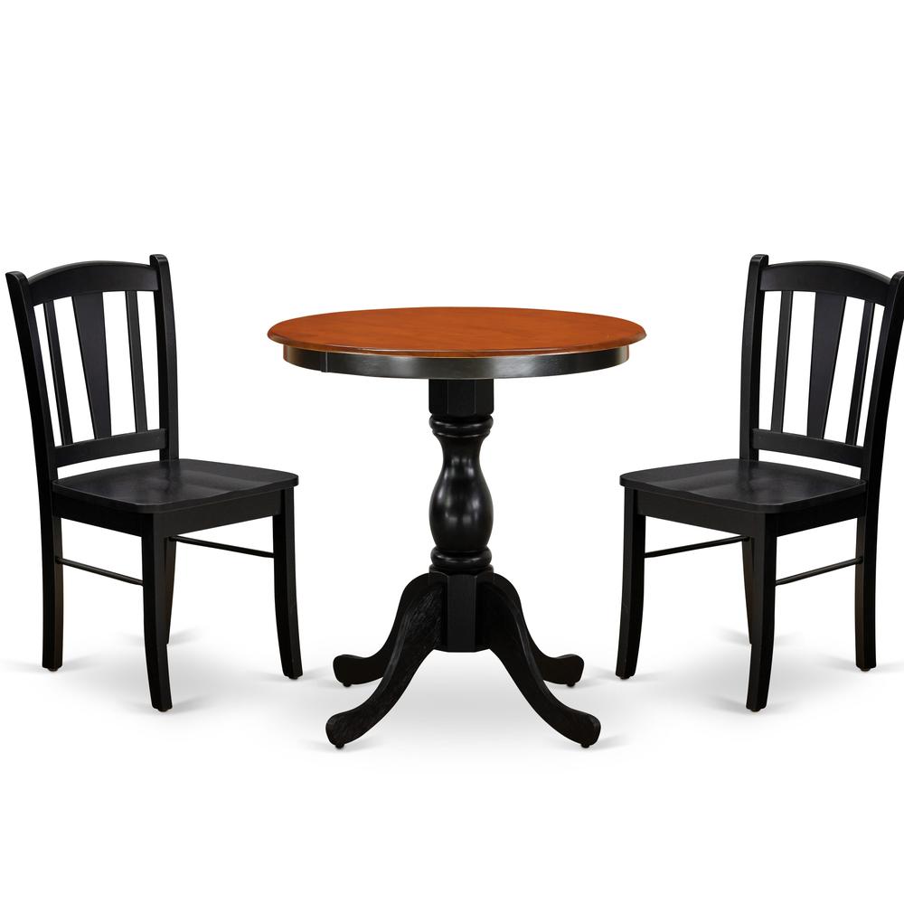 East West Furniture 3-Piece Mid Century Dining Set Consist of Round Table and 2 Wooden Chairs with Slatted Back - Black Finish. Picture 1