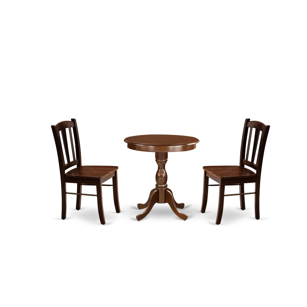 East West Furniture - ESDL3-MAH-W - 3-Pc Dining Room Table Set - 2 Wood Kitchen Chairs and 1 Wood Dining Table (Mahogany Finish). Picture 1
