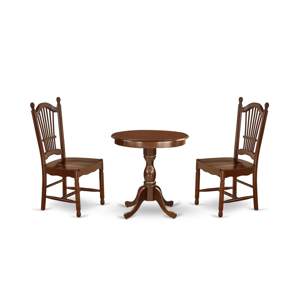 East West Furniture - ESDO3-MAH-W - 3-Pc Dining Set - 2 Wooden Dining Room Chairs and 1 Kitchen Dining Table (Mahogany Finish). Picture 1