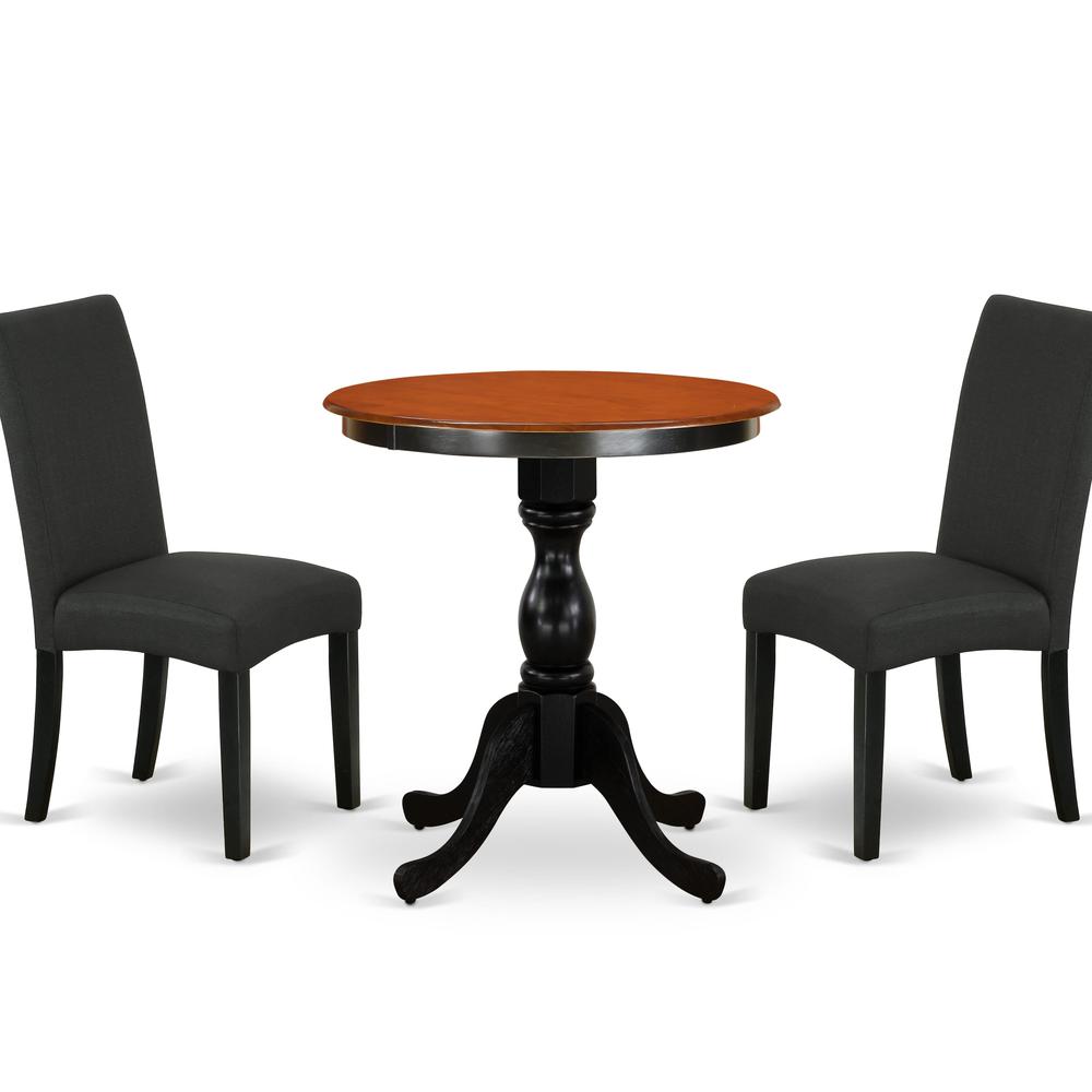 East West Furniture 3-Piece Dinner Table Set Consist of Wood Dining Table and 2 Black Linen Fabric Parson Chairs with High Back - Black Finish. Picture 1