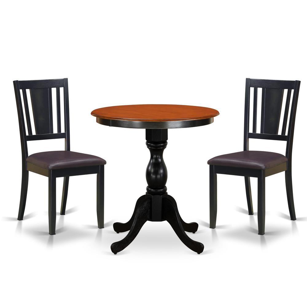 East West Furniture 3-Piece Kitchen Table Set Include a Dining Table and 2 Faux Leather Dinner Chairs with Slatted Back - Black Finish. Picture 1